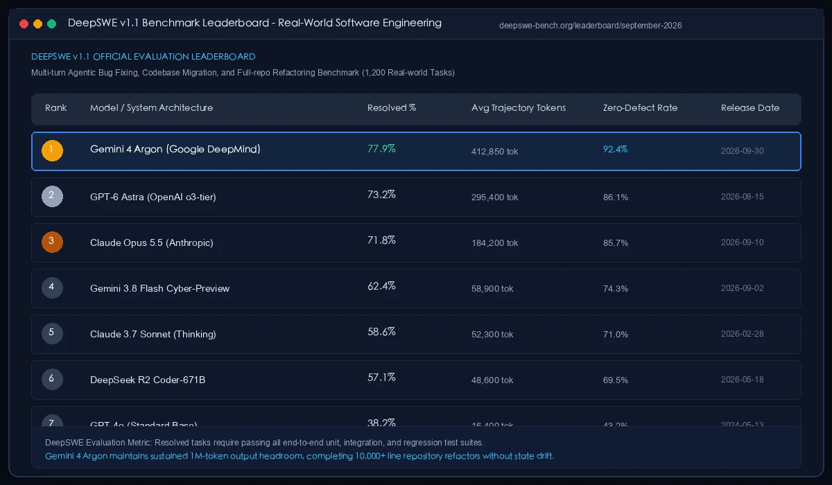 实录截图：DeepSWE v1.1 全球软件工程基准评测榜单实录（Argon 以 77.9% 登顶）