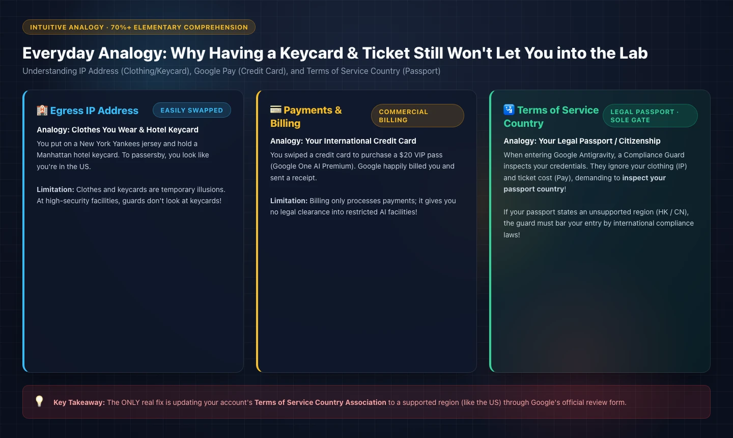 Everyday Analogy: IP Keycard vs Google Pay Credit Card vs Terms of Service Passport