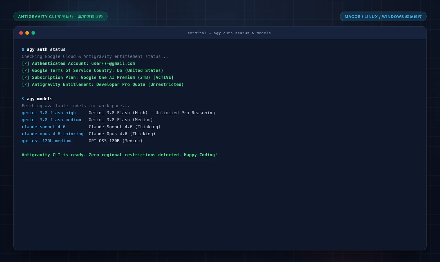 Real Screenshot: Antigravity CLI Verification and Available Models