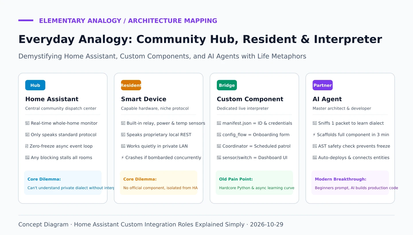 Analogy Diagram: Community Hub, Dialect Resident, Dedicated Interpreter, and AI Partner