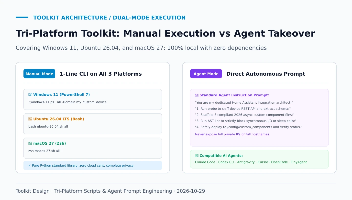 Toolkit Architecture: Tri-Platform Toolkit Workflow: Manual Execution vs Agent Takeover