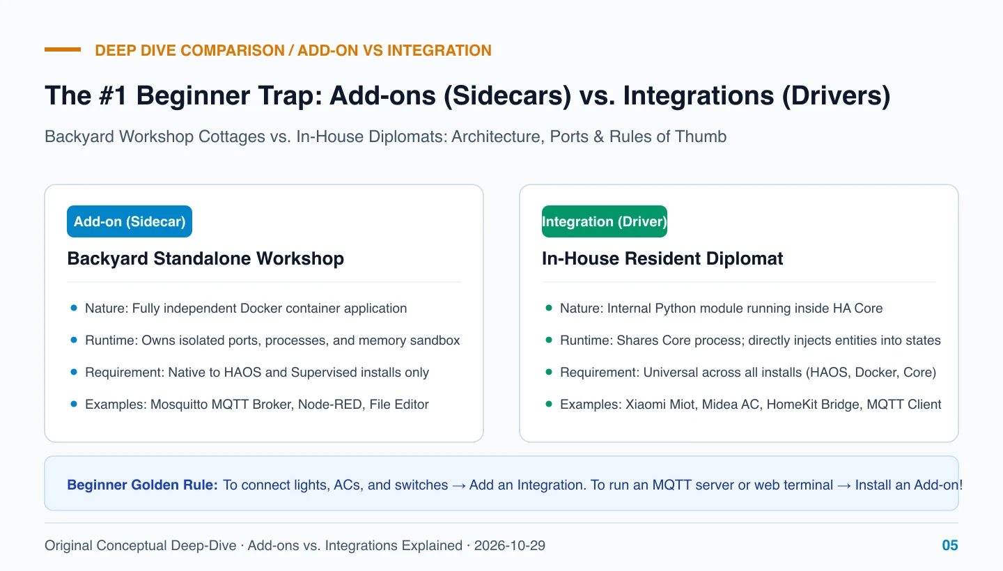 Original Comparison Diagram: Add-on (Sidecar Container) vs Integration (Internal Driver)