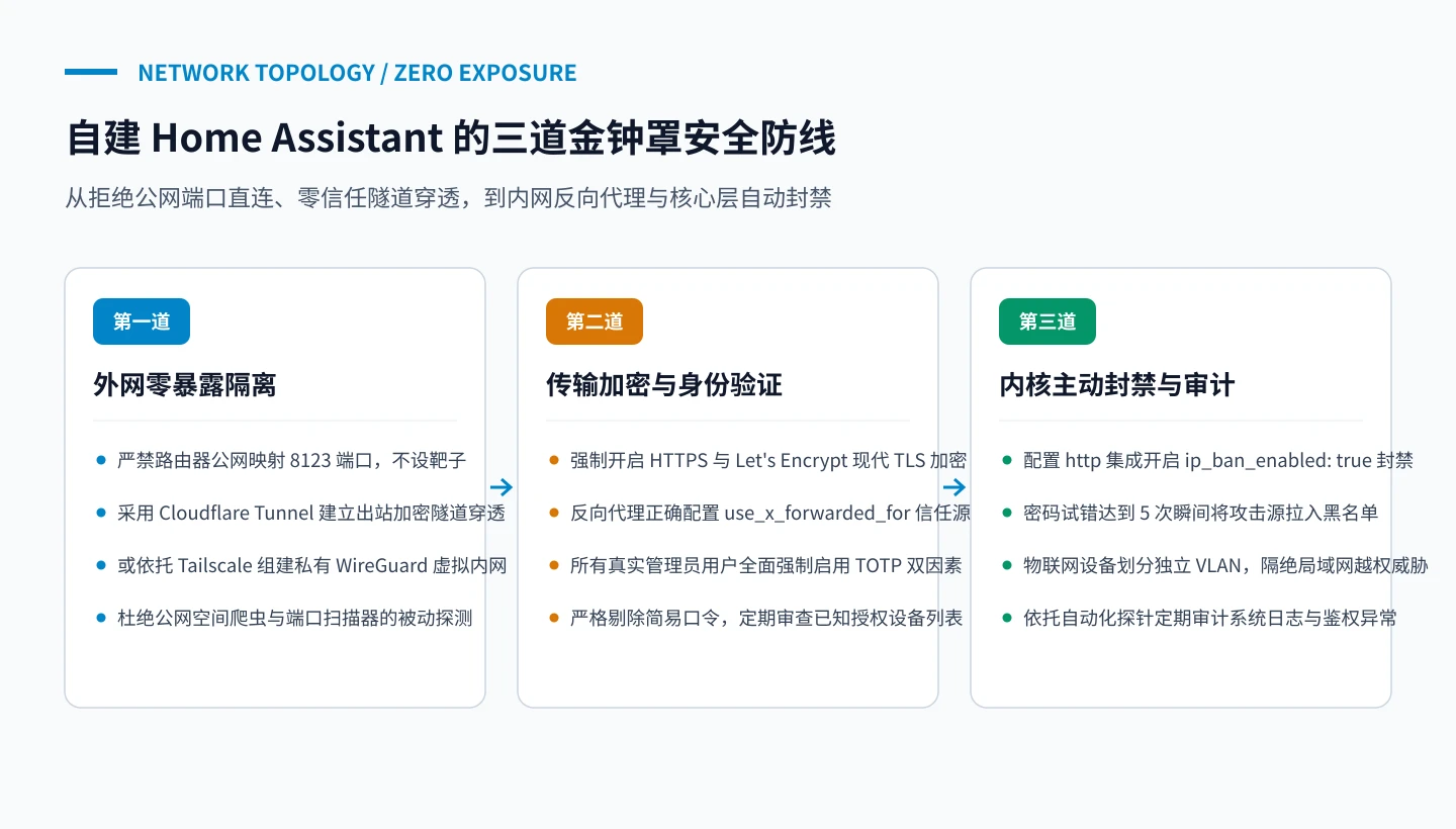 原创架构图：自建 Home Assistant 的三道金钟罩安全防线