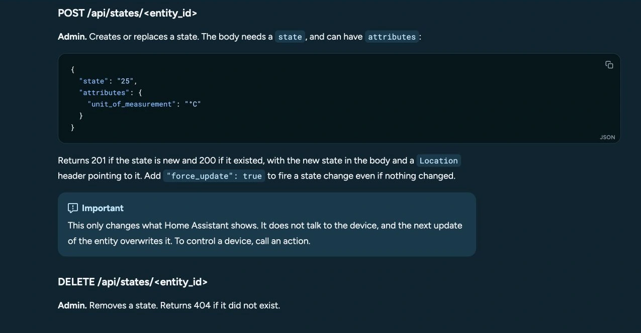真实截图：HA 官方 REST API 对状态写入的定义
