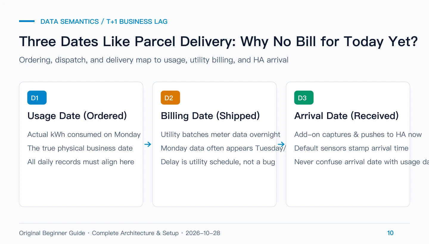 Three dates analogy: Ordering, shipping, and delivery vs utility billing delay