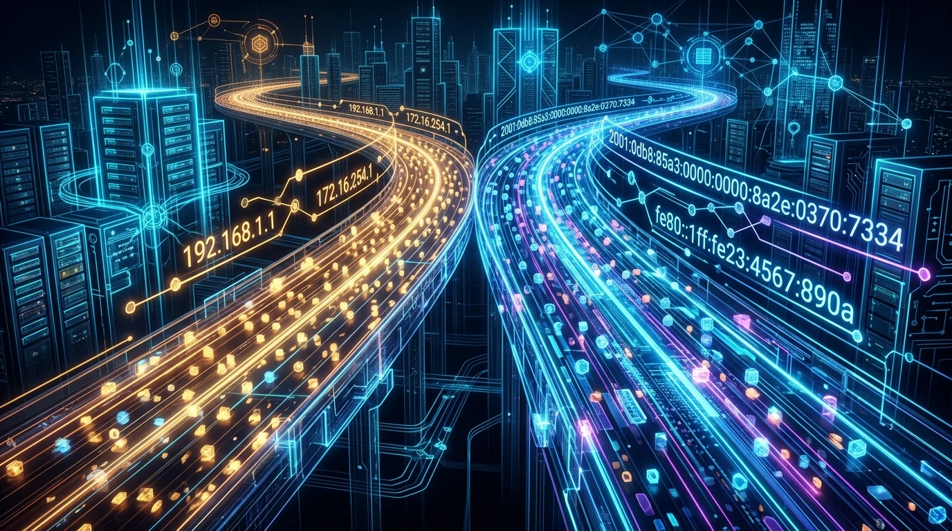 AI 生成封面：IPv4 与 IPv6 双轨数字化超级高速公路