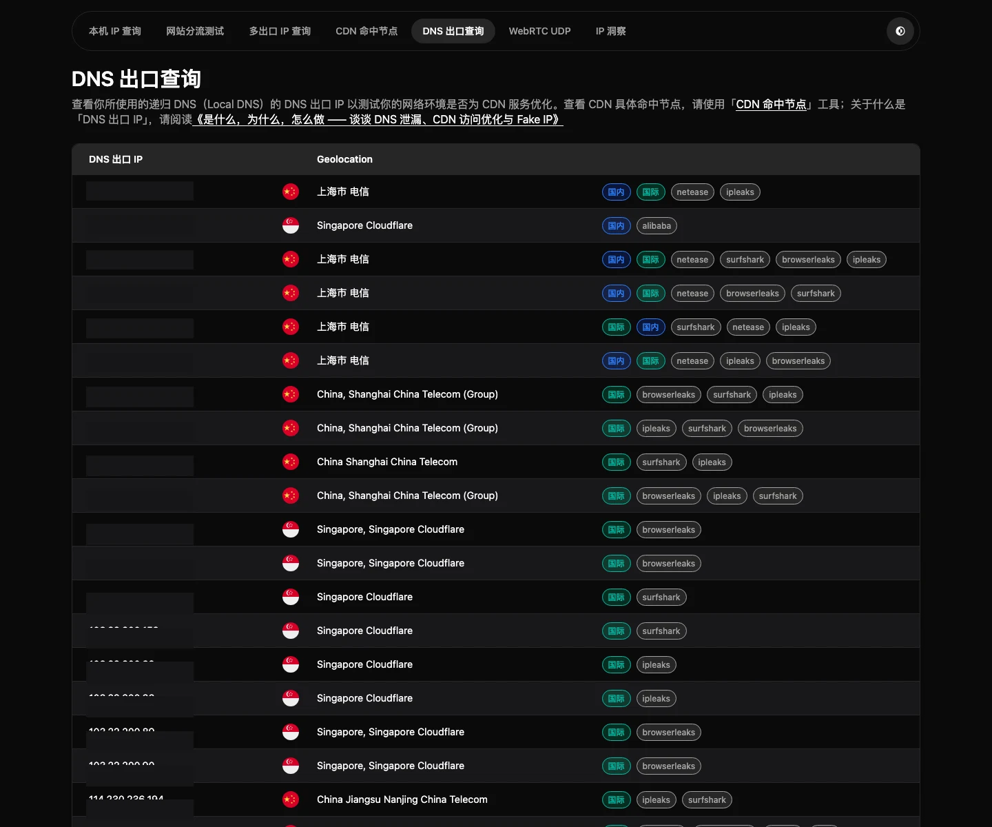 DNS 出口查询结果（真实截图，IP 已打码）