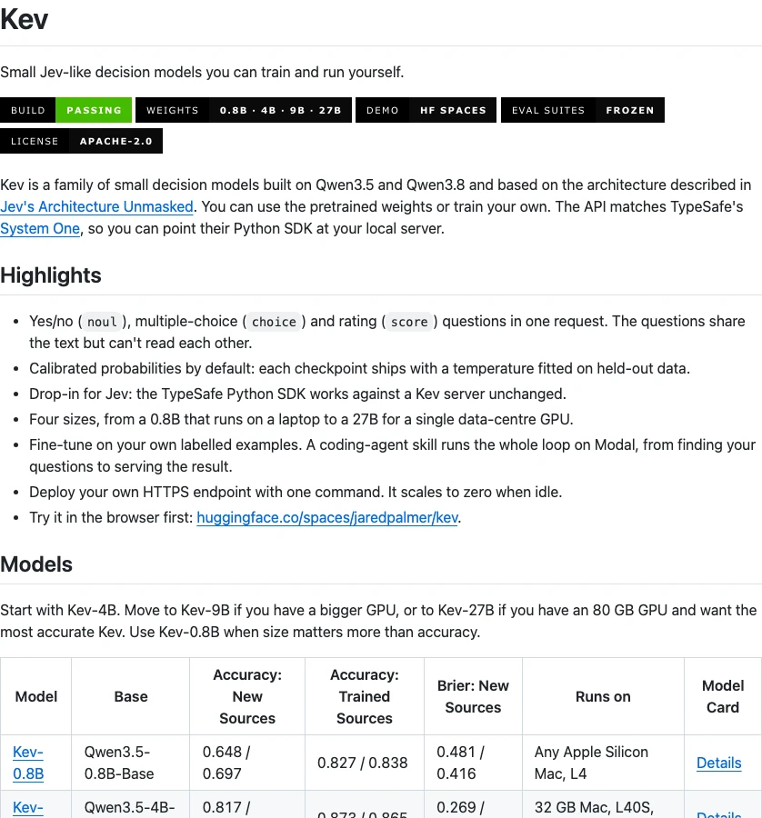 实录截图：Jared Palmer 在 GitHub 正式开源 Kev 决策模型家族