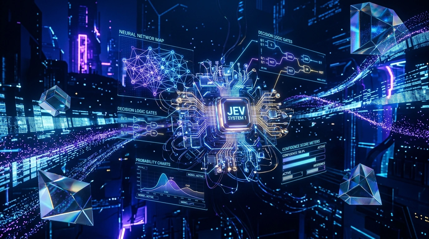 技术概念图：Jev System One 决策大模型以纯粹的概率张量与极速逻辑取代冗余文本生成