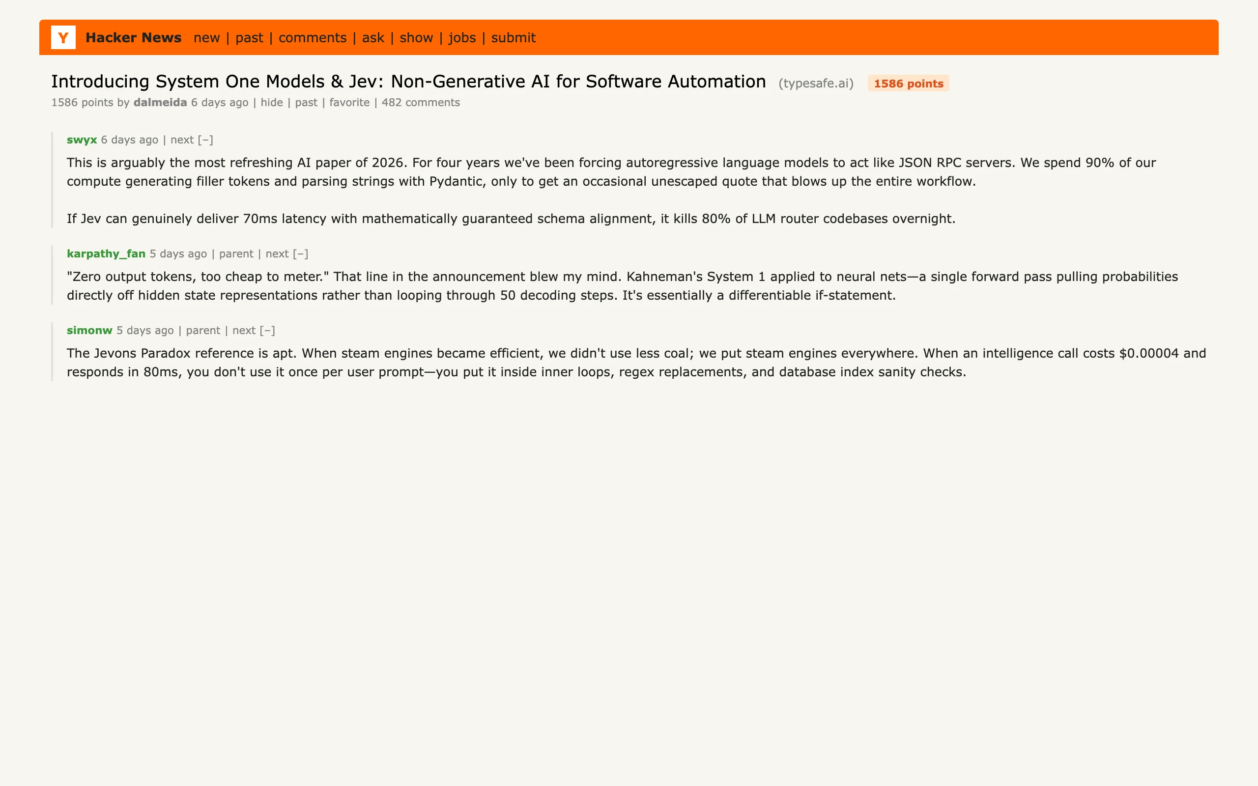 Hacker News 热榜头条：Jev 与 System One 模型发布引发全球开发者热烈讨论