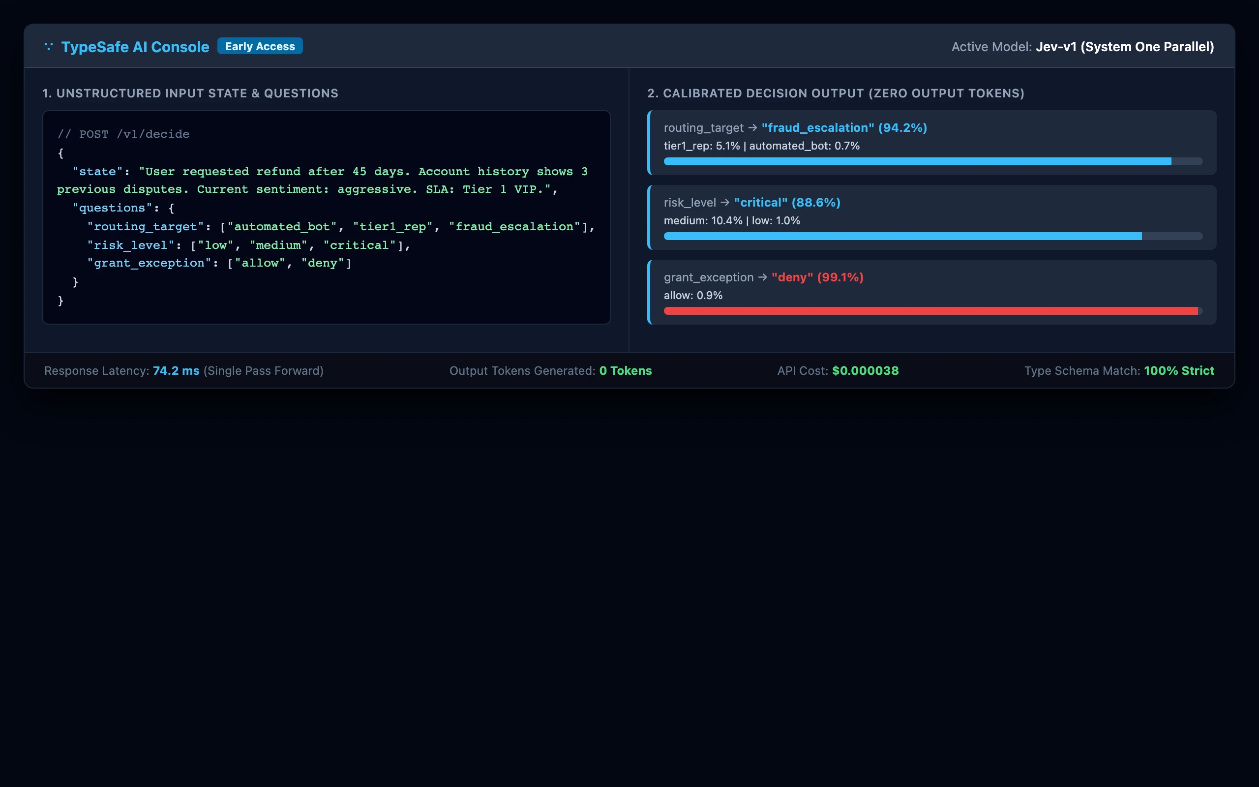 TypeSafe 控制台实测：输入非结构化文本状态，瞬间返回严格类型化的决策概率分布