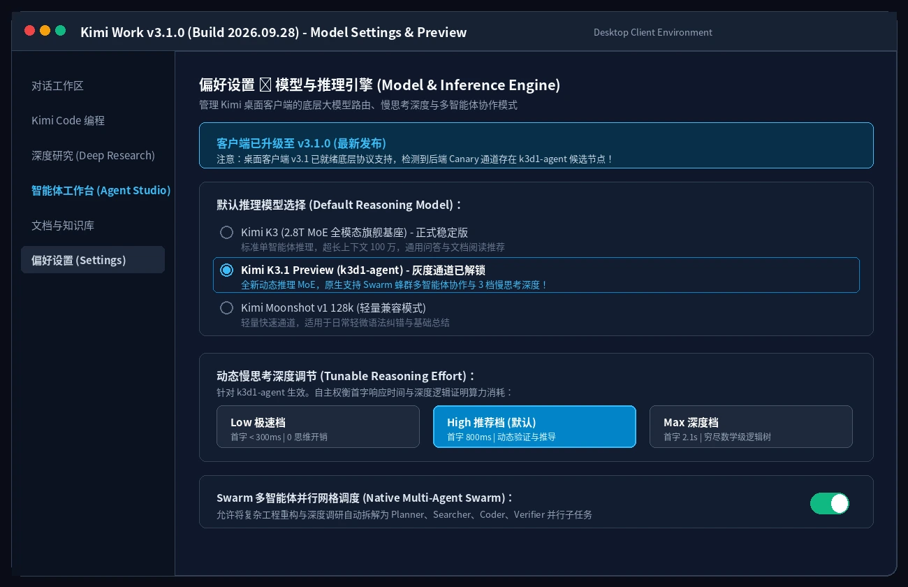 实录截图：Kimi Work 桌面客户端 v3.1.0 偏好设置中的模型路由与多智能体预埋功能面板