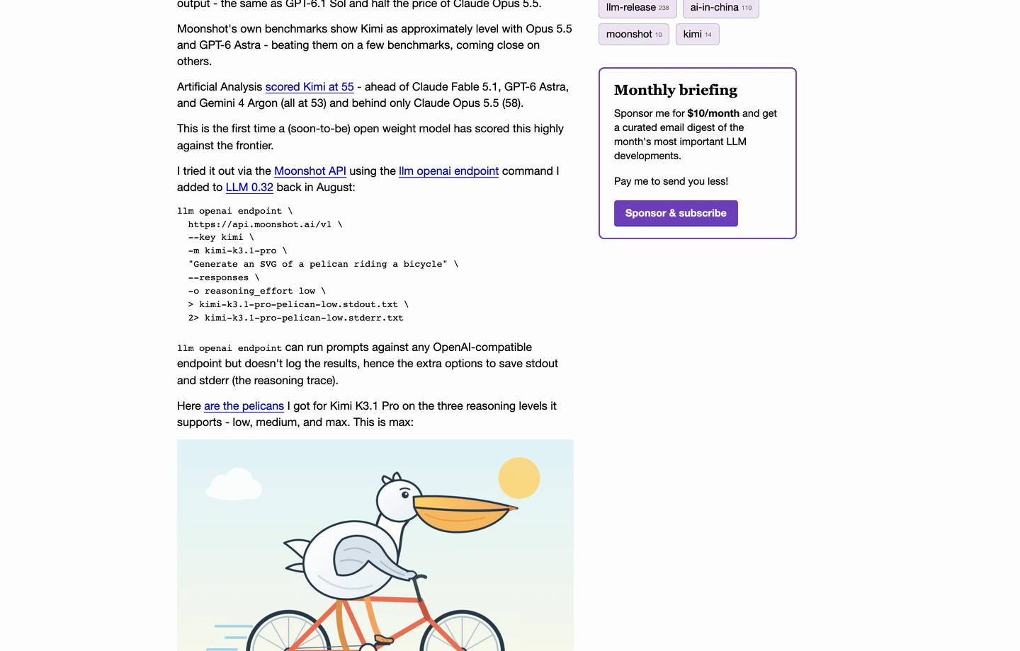 Simon Willison 博客实测 Kimi K3.1 Pro 生成鹈鹕骑自行车 SVG 截图