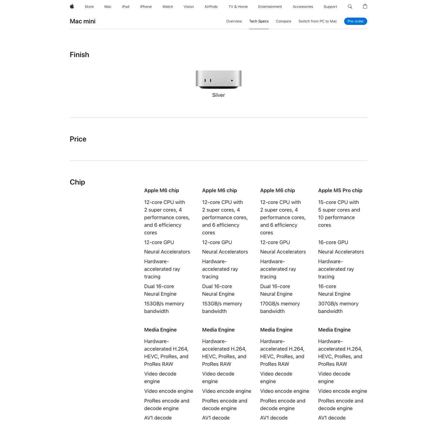Mac mini 官方技术规格页：M6 与 M5 Pro 的芯片参数