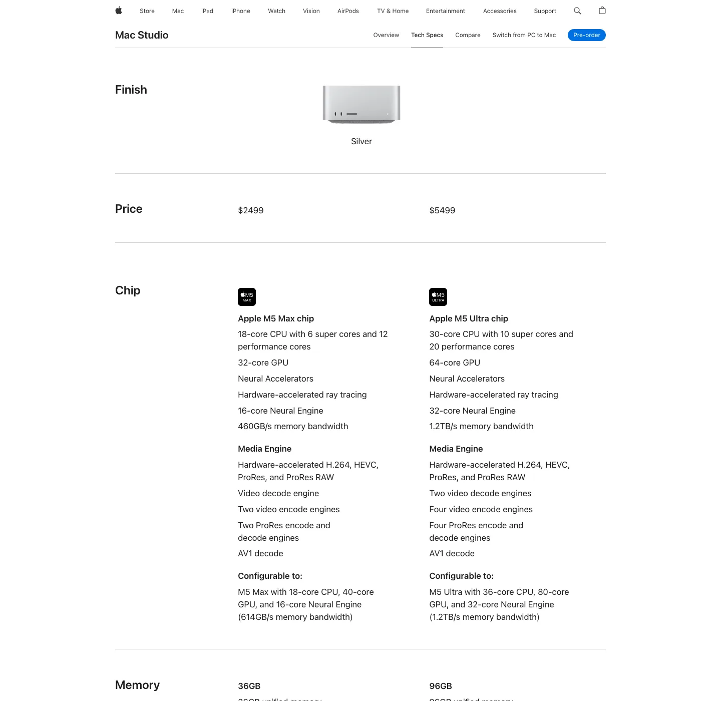 Mac Studio 官方技术规格页：M5 Max 与 M5 Ultra