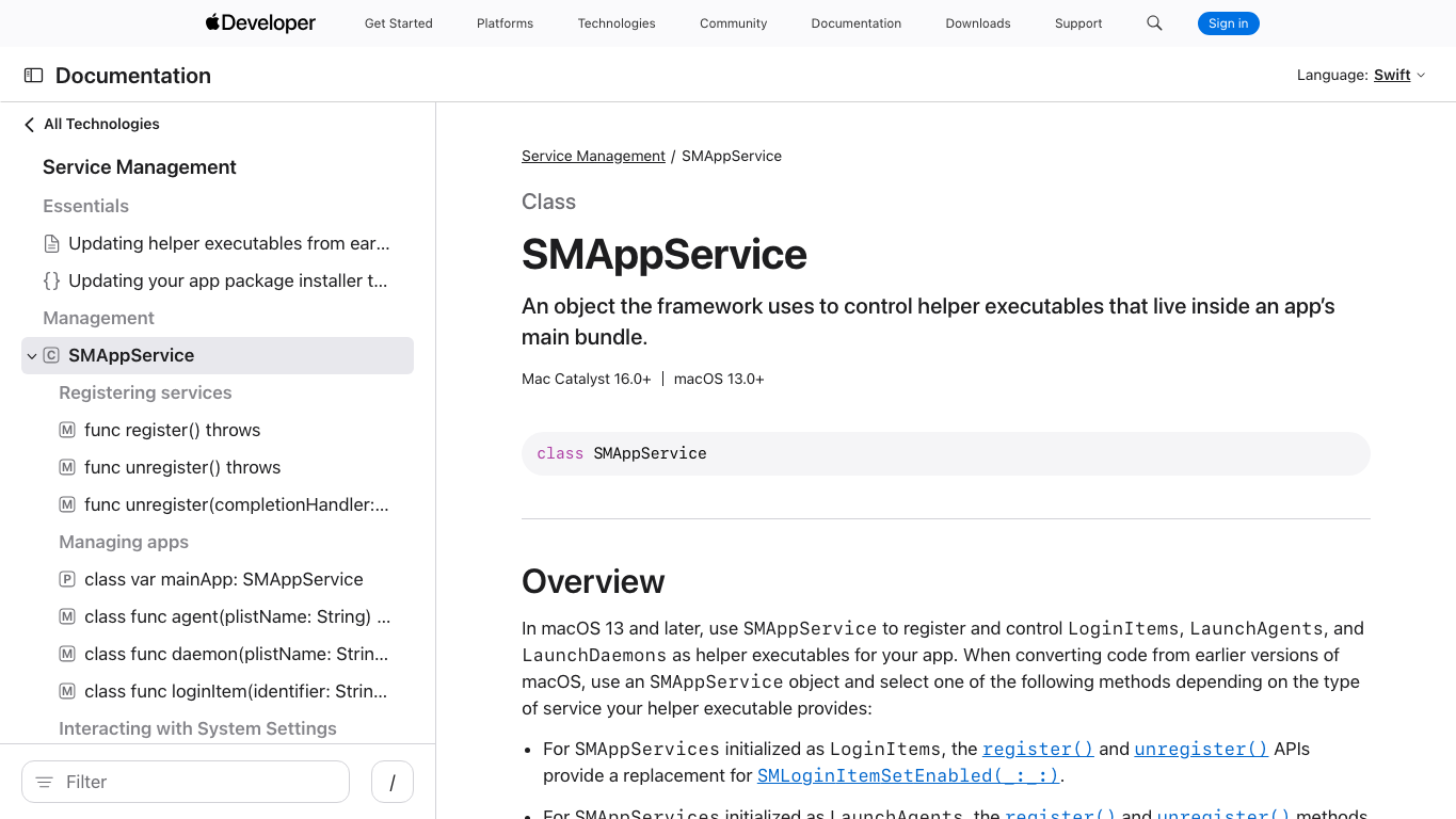 真实截图 2：Apple ServiceManagement 文档，说明现代 App 可用 SMAppService 注册后台项。