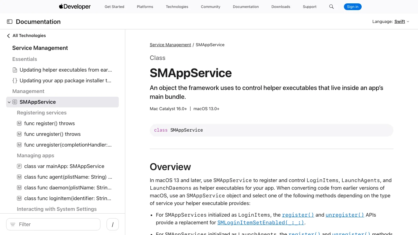 真实截图 2：Apple ServiceManagement 文档，说明现代 App 可用 SMAppService 注册后台项。
