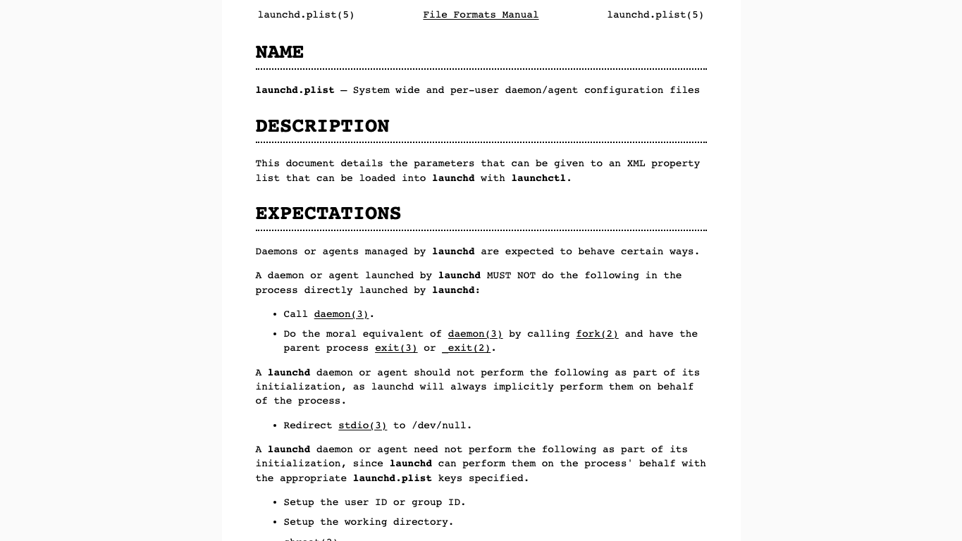 真实截图 3：launchd.plist manpage，包含 RunAtLoad、KeepAlive、ProgramArguments 等字段。