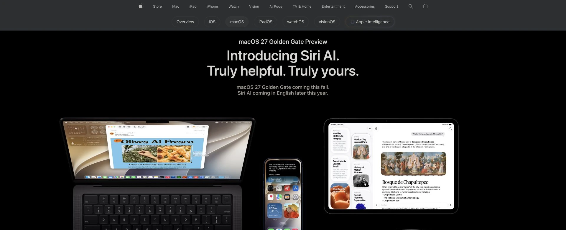 Apple 官网 macOS 27 Golden Gate 预览页，标注秋季推出和 Siri AI 的英语上线时间
