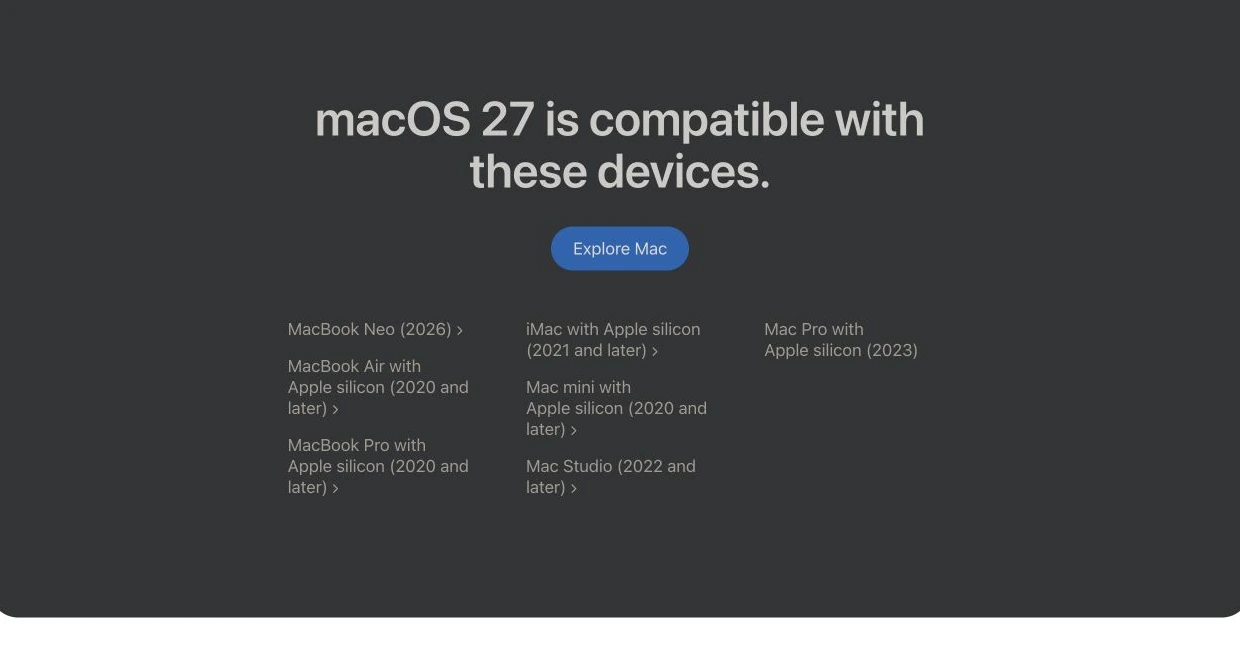 macOS 27 官方兼容名单，多个机型明确要求 Apple silicon