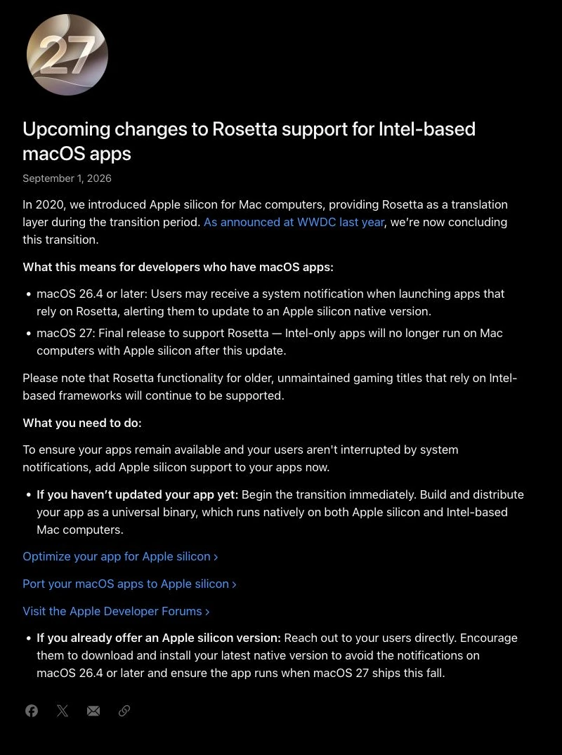 Apple Developer 于 2026 年 9 月 1 日发布的 Rosetta 支持调整公告