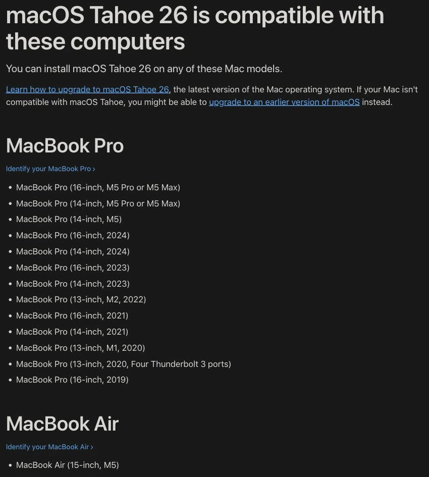 macOS Tahoe 官方兼容列表中的 MacBook Pro 部分，显示四端口 2020 款和 2019 年 16 英寸款