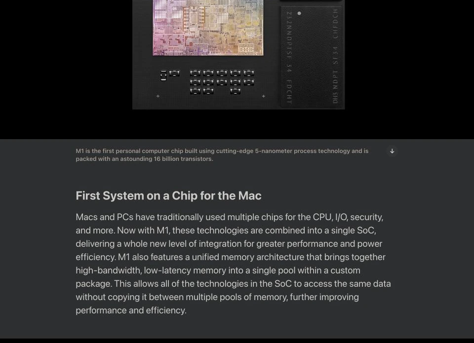 Apple M1 发布资料关于 SoC 和统一内存的段落及芯片图片