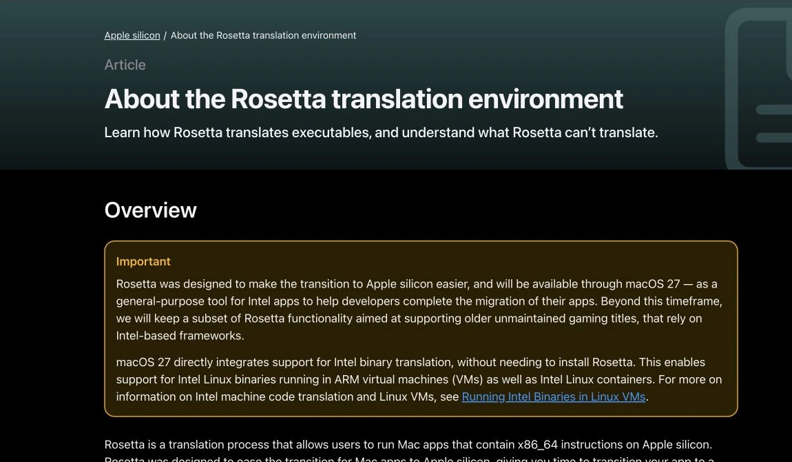 Apple 开发文档同时说明 Rosetta 通用支持期限及 Linux 二进制翻译的不同安排