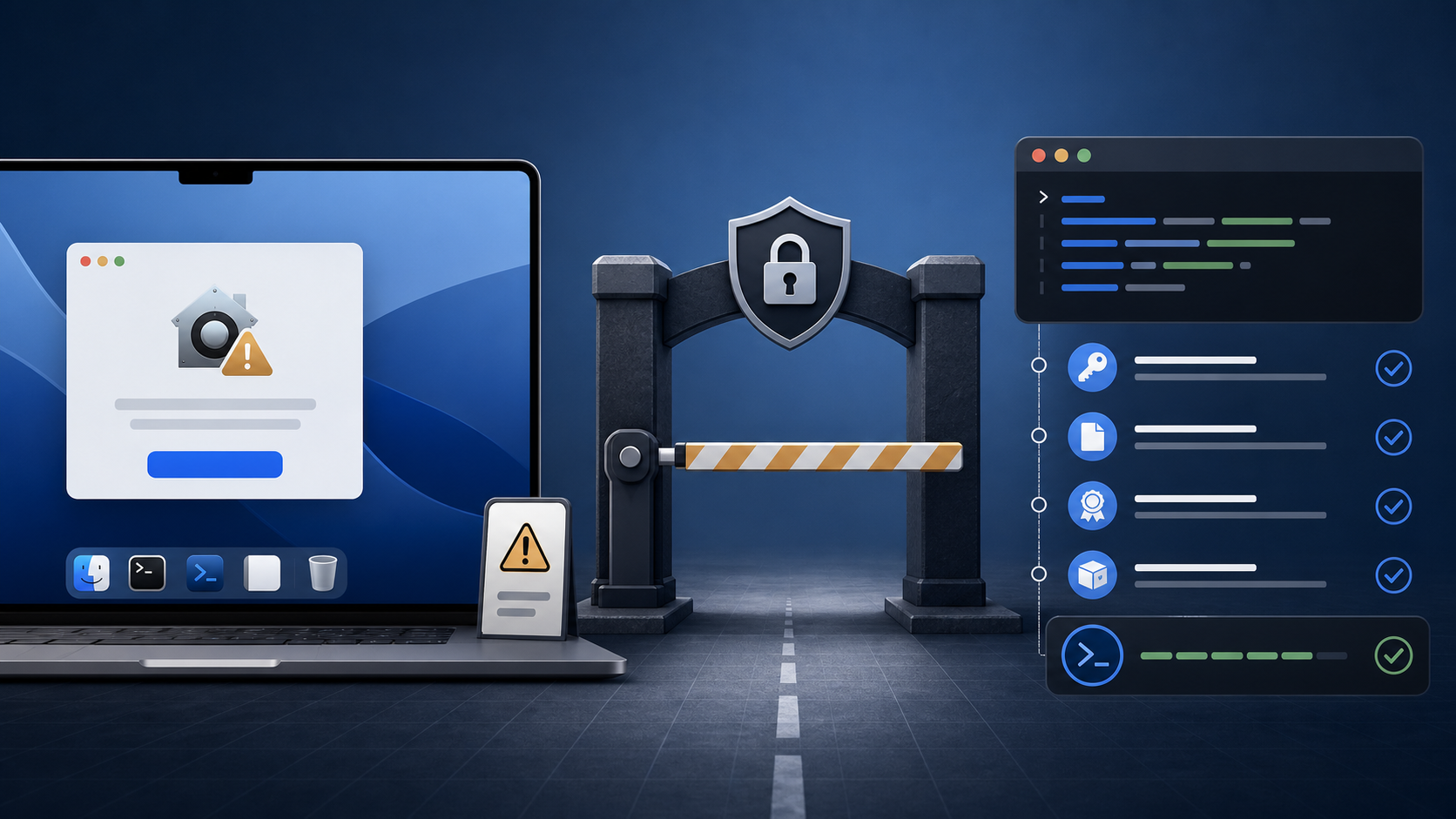 macOS Gatekeeper 拦截未签名工具的抽象题图