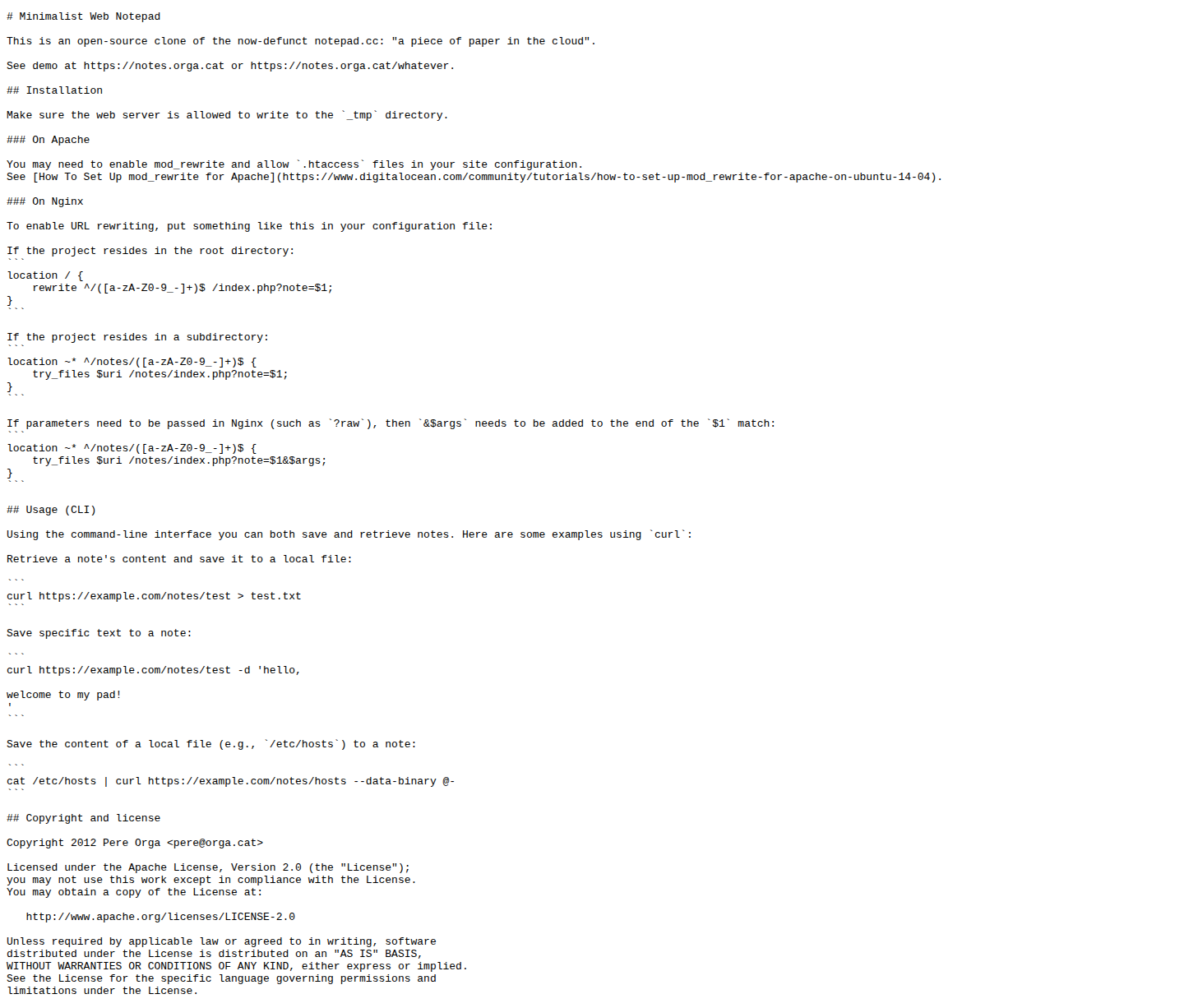真实截图：上游 README 说明它是 notepad.cc 的开源克隆，并强调 _tmp 可写。