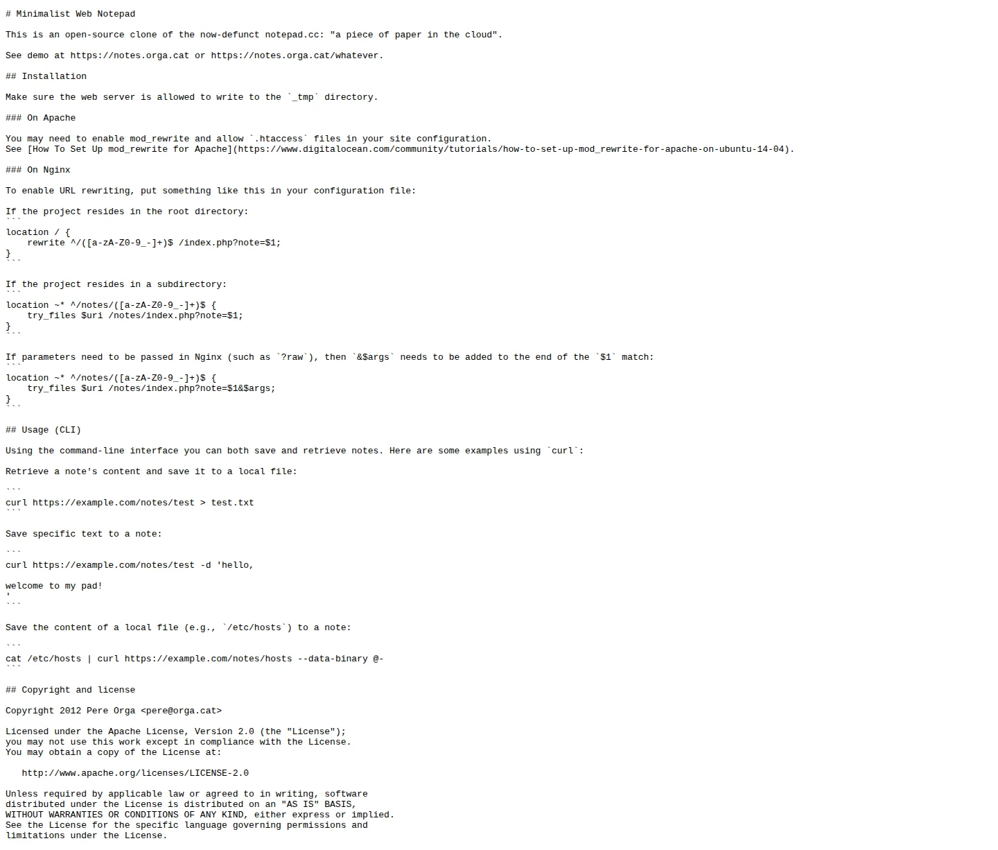 真实截图：上游 README 说明它是 notepad.cc 的开源克隆，并强调 _tmp 可写。