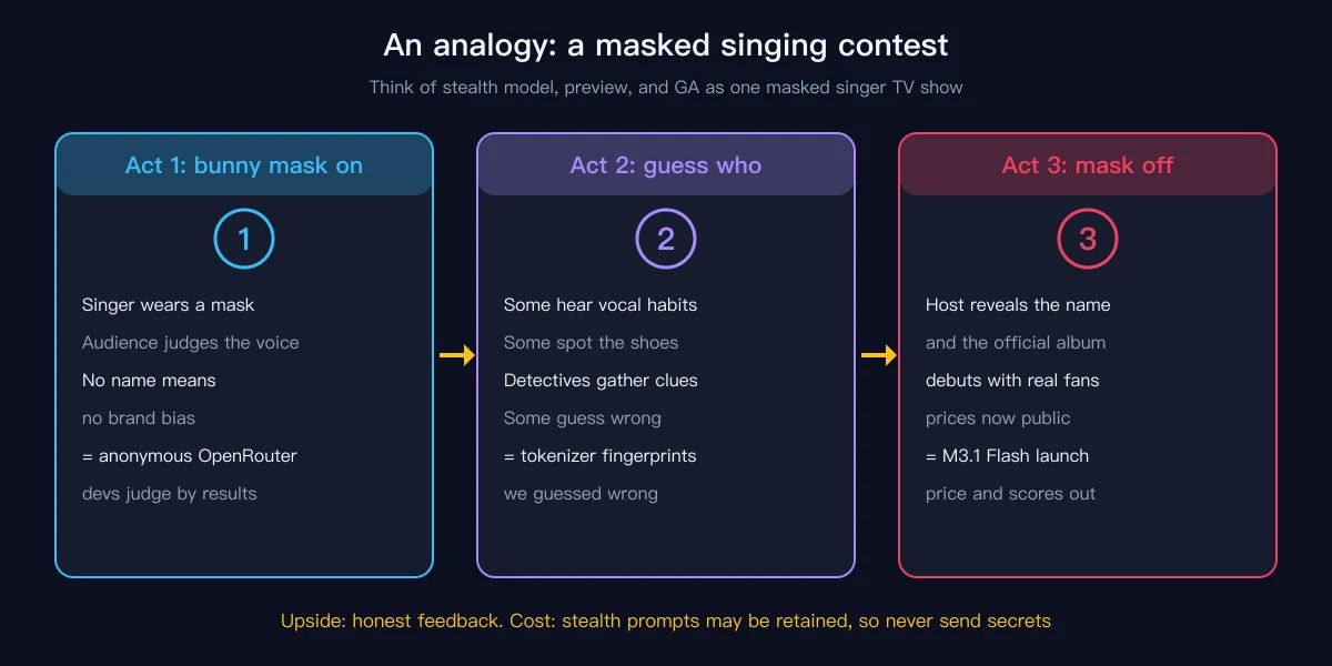 Original analogy: stealth model, preview and GA as three acts of a masked singing contest