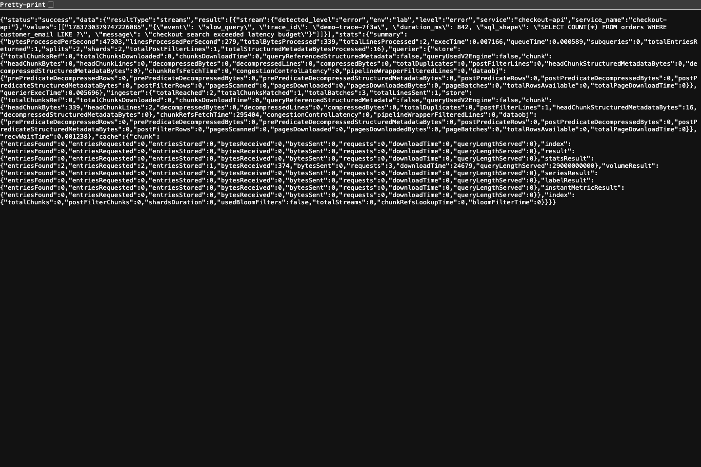 真实截图：Loki 返回慢查询日志与 trace_id