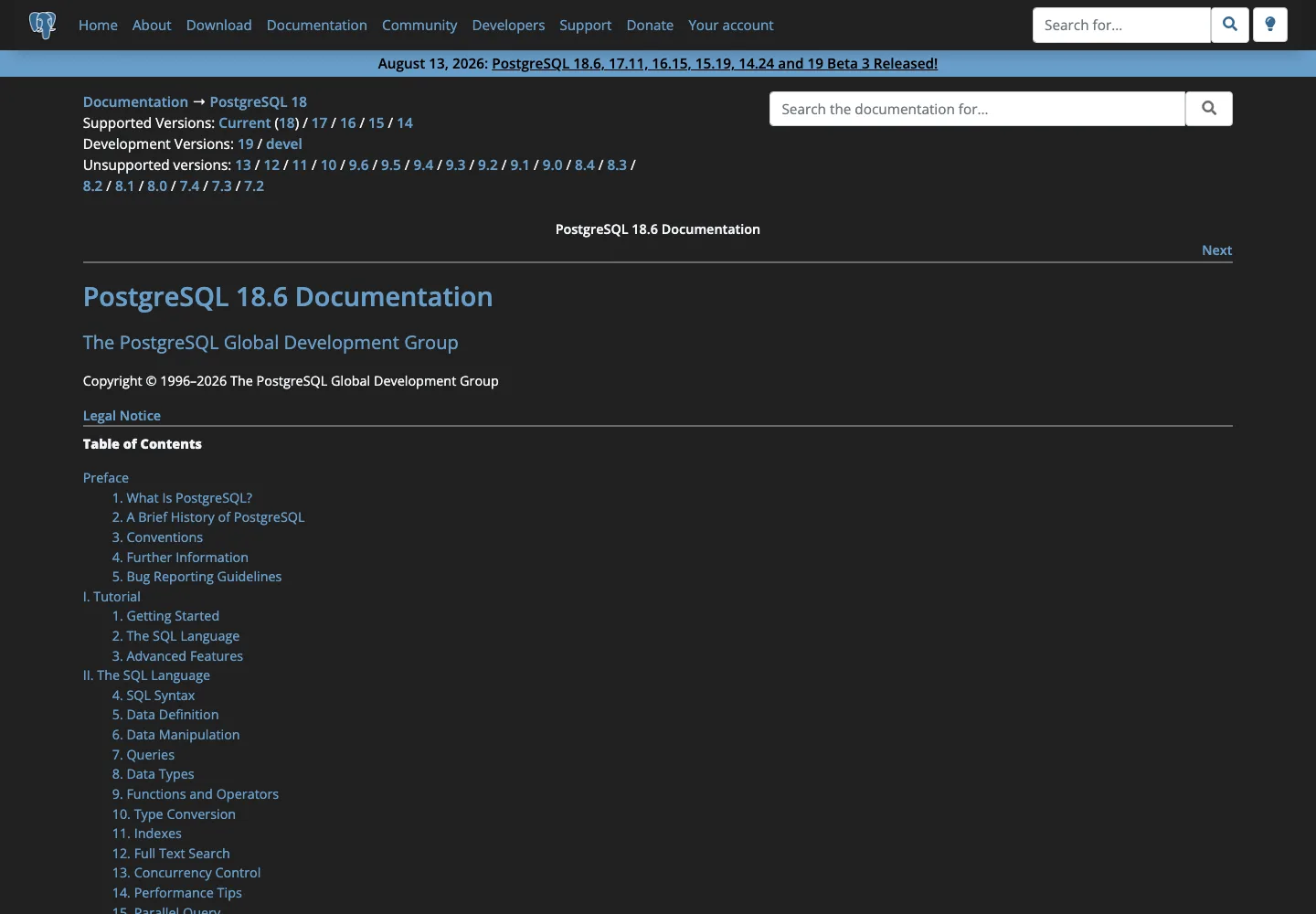 真实截图:PostgreSQL 18 官方文档首页。