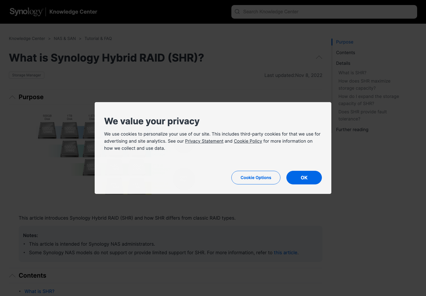 群晖官方知识库中的 SHR 说明页面截图。