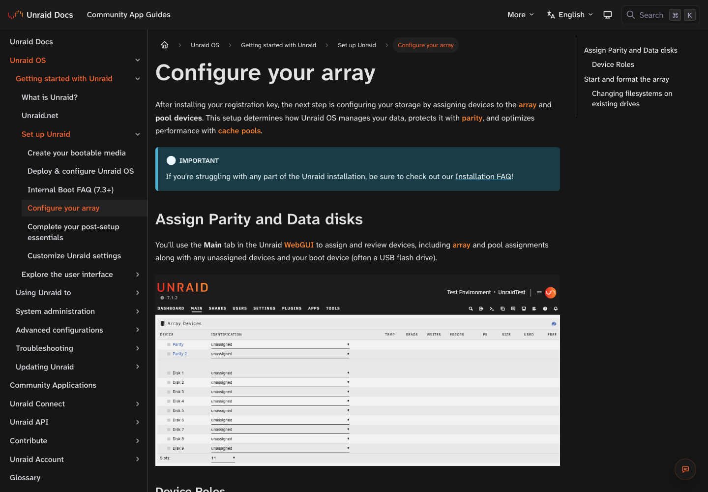 Unraid 官方文档配置 Array 页面截图。