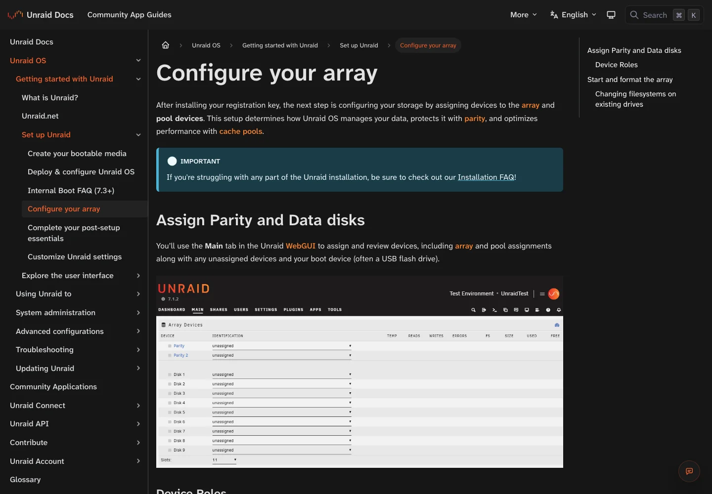 Unraid 官方文档配置 Array 页面截图。