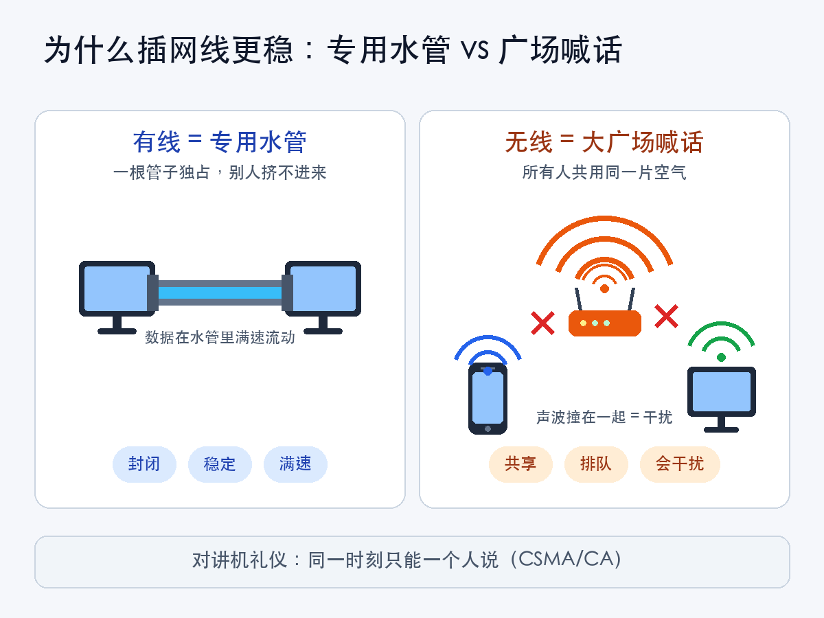 有线是专用水管,无线是大广场喊话
