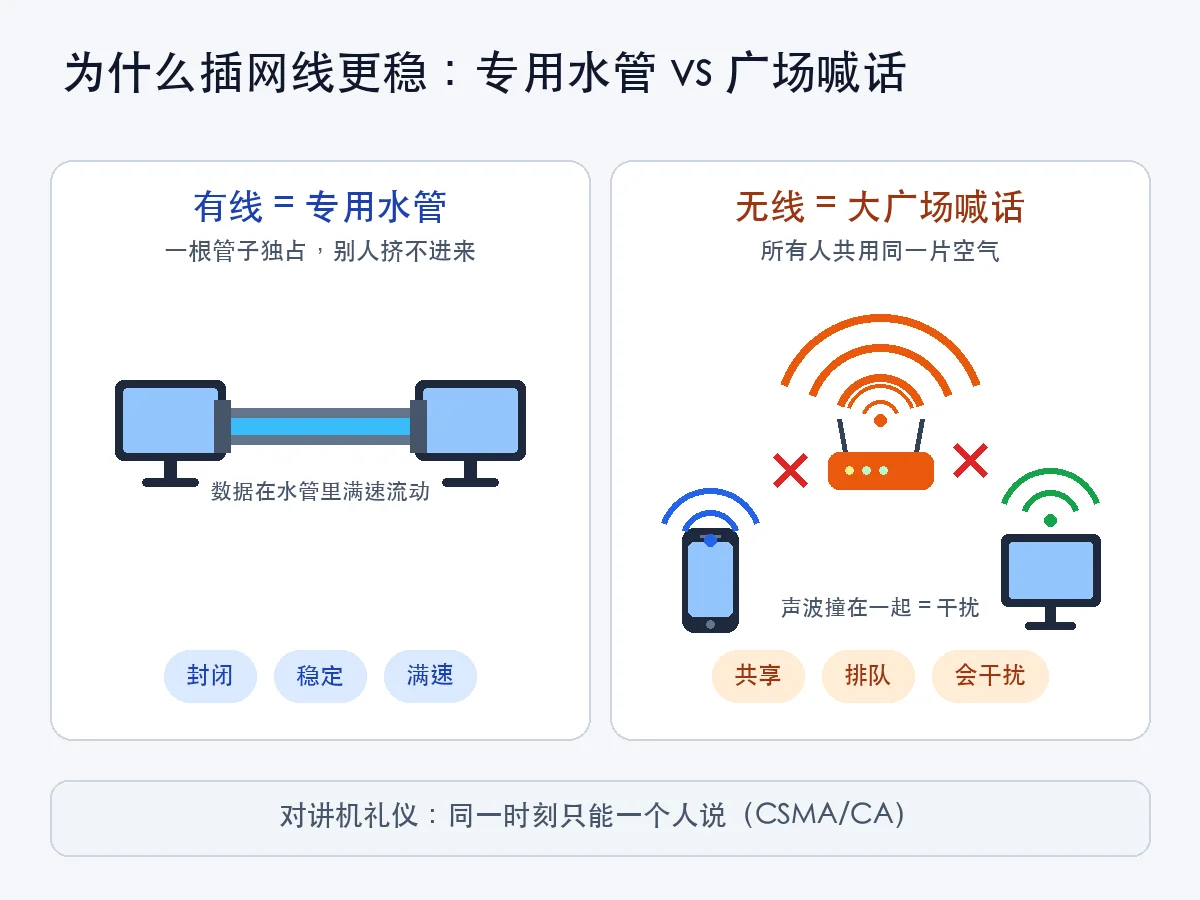 有线是专用水管，无线是大广场喊话