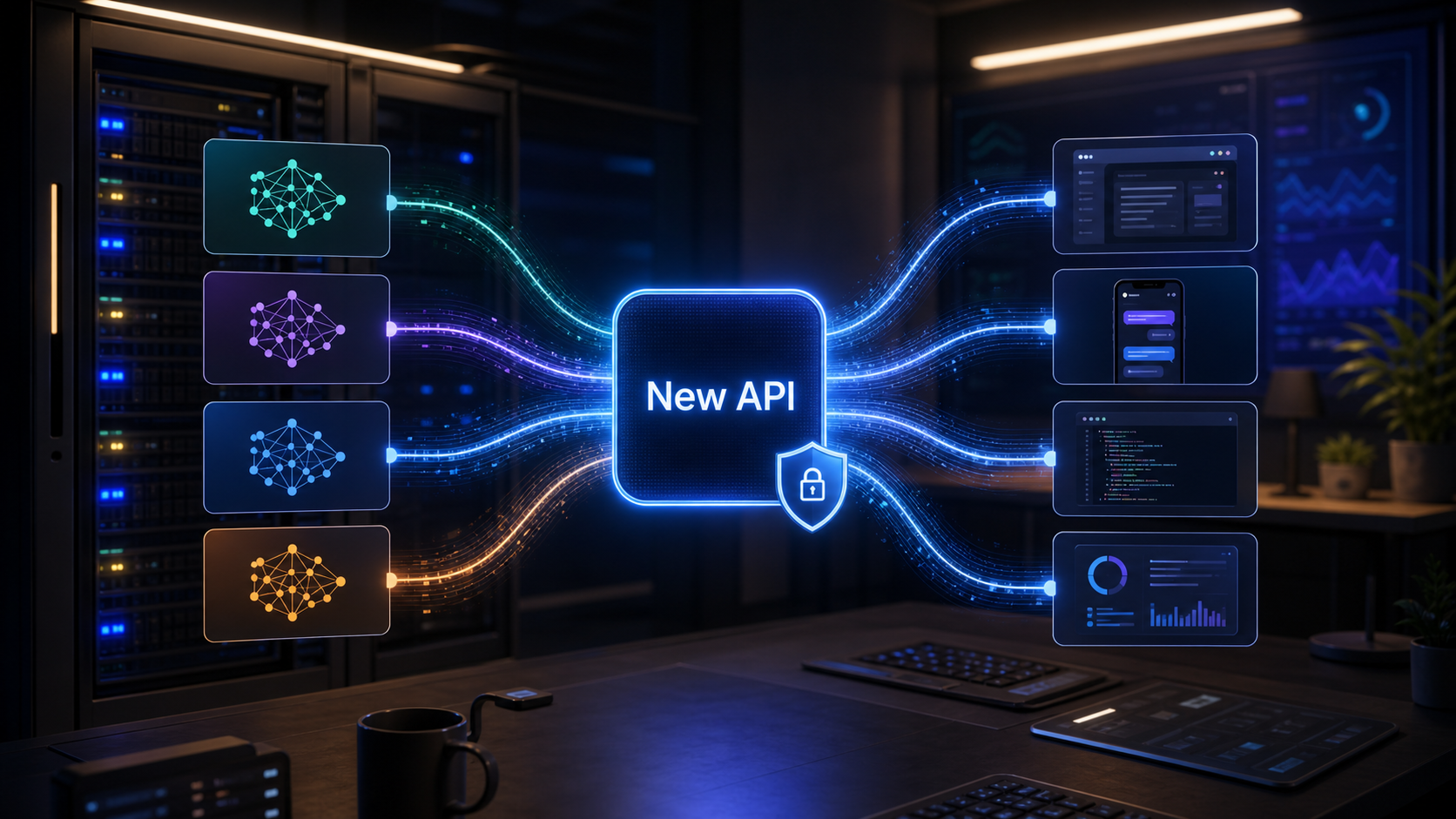AI 生成封面:New API 位于多个模型提供方和应用之间,像一个安全网关。