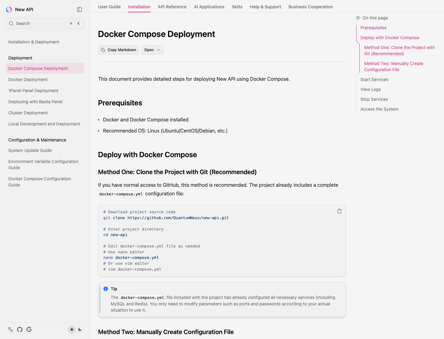真实截图:官方 Docker Compose 部署文档说明了 clone、编辑 docker-compose.yml、docker compose up、查看日志和访问系统。