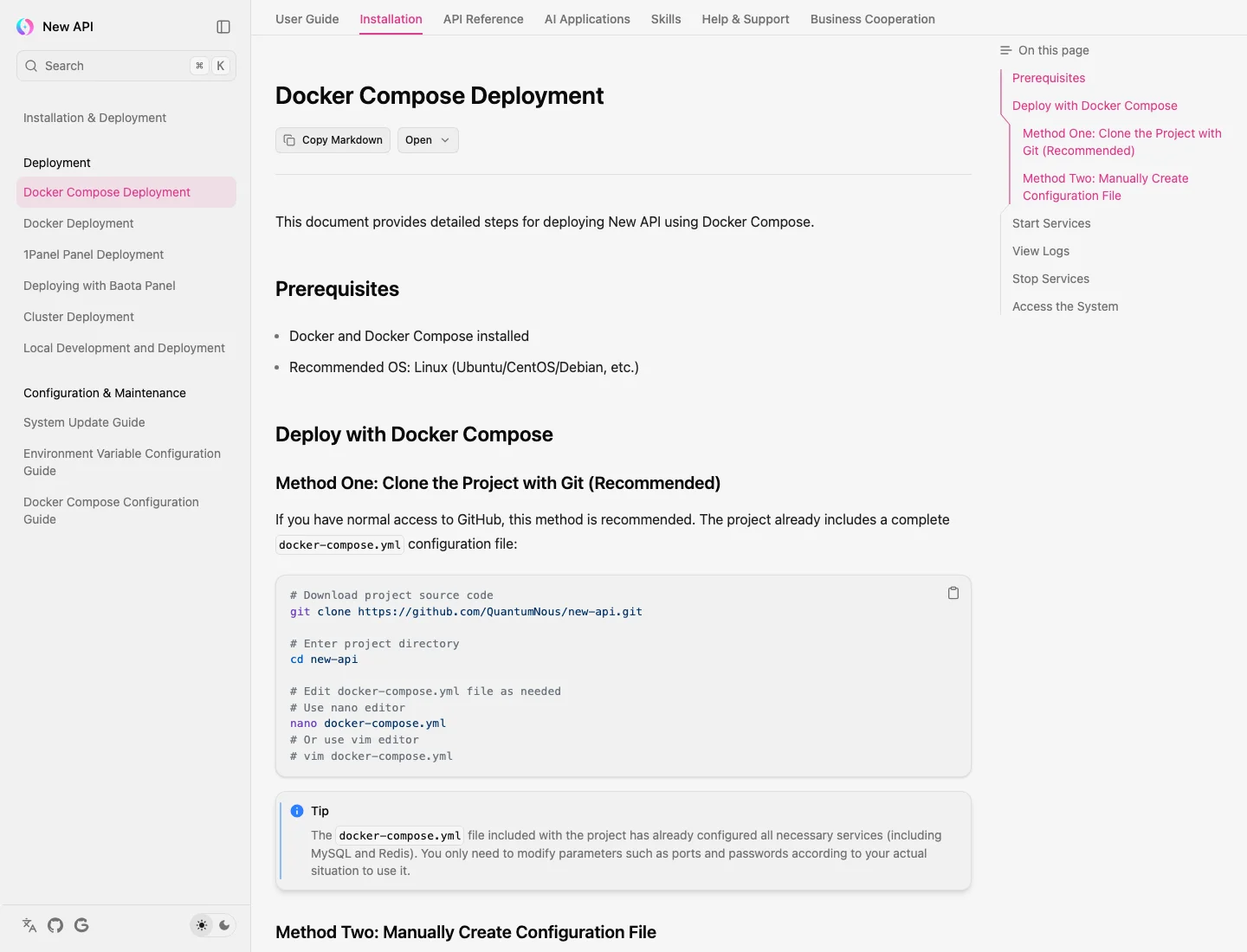 真实截图：官方 Docker Compose 部署文档说明了 clone、编辑 docker-compose.yml、docker compose up、查看日志和访问系统。