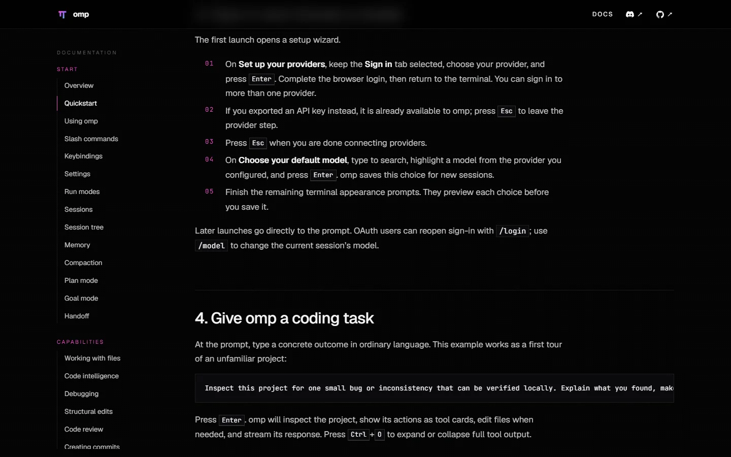 真实截图：omp 官方 Quickstart 用一个有边界、有验证要求的任务作为第一轮示例，截图于 2026-08-29