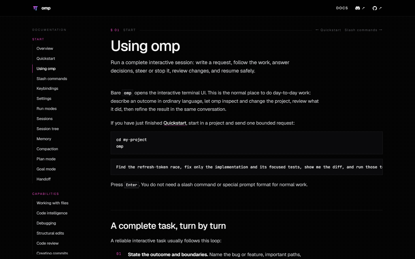 真实截图：omp 官方 Using 文档把日常任务拆成陈述目标、观察工作、干预、复核证据和继续改进的闭环