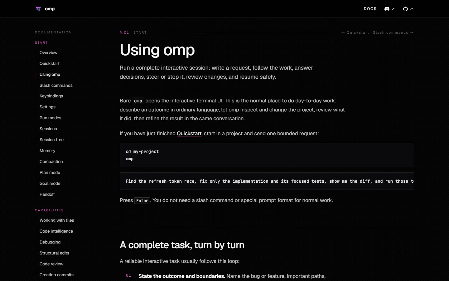 真实截图：omp 官方 Using 文档把日常任务拆成陈述目标、观察工作、干预、复核证据和继续改进的闭环