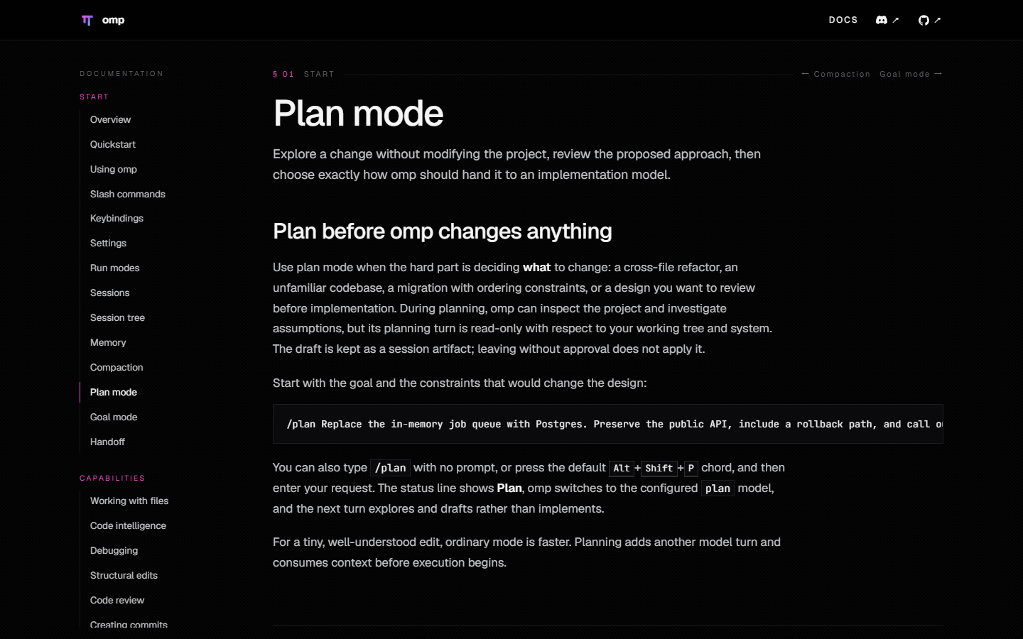 真实截图：omp 官方 Plan mode 文档说明计划阶段对工作树和系统保持只读，批准后才交给实现模型