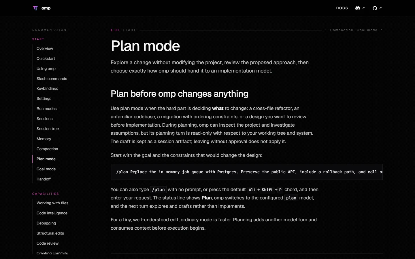 真实截图：omp 官方 Plan mode 文档说明计划阶段对工作树和系统保持只读，批准后才交给实现模型