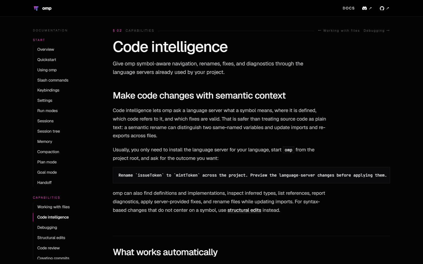 真实截图：omp 官方 Code intelligence 文档展示语义重命名、引用、诊断和语言服务器配置能力