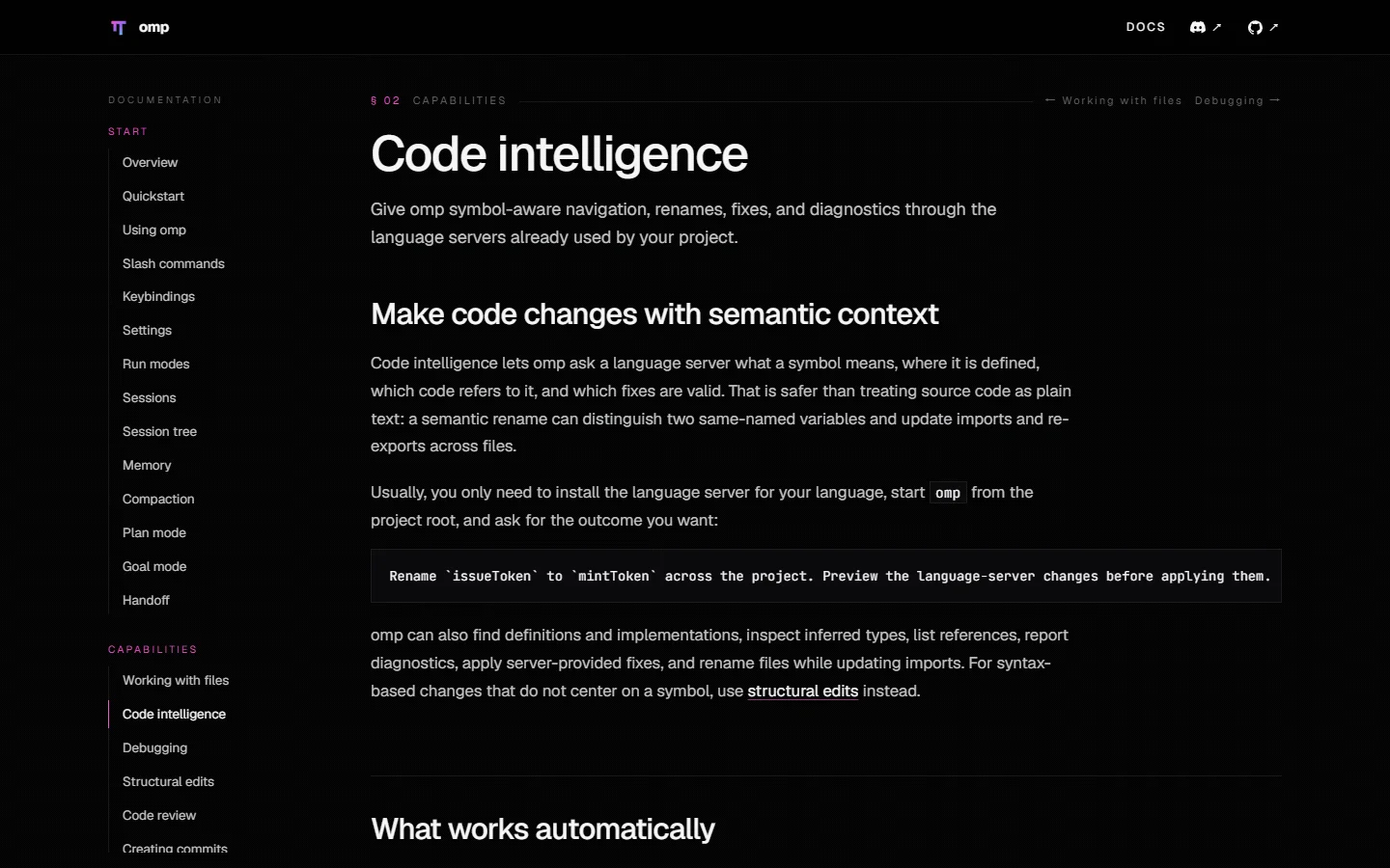 真实截图：omp 官方 Code intelligence 文档展示语义重命名、引用、诊断和语言服务器配置能力