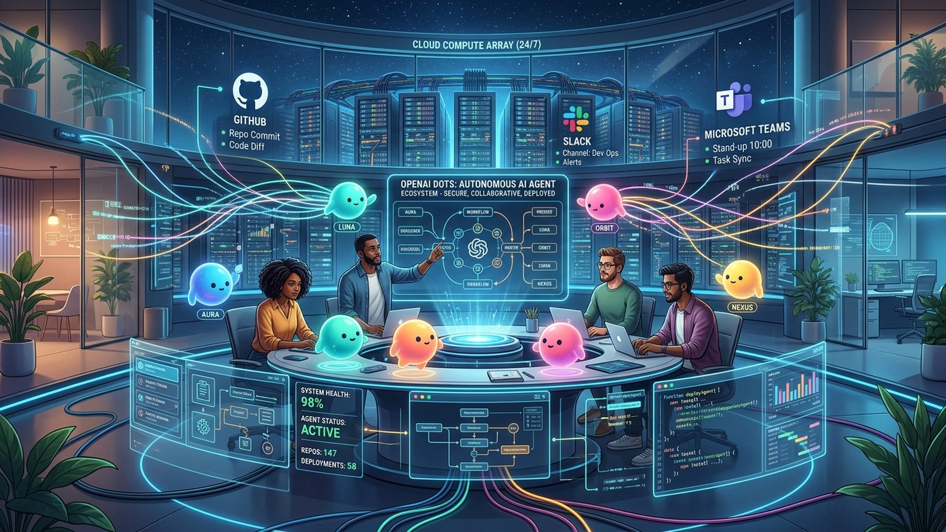 技术全景封面：OpenAI dots 全自主智能体生态与多端协同概念全景图